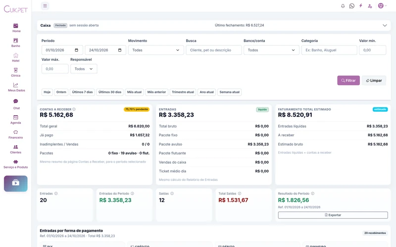 Tela real da CukPet: Financeiro, com dados demonstrativos