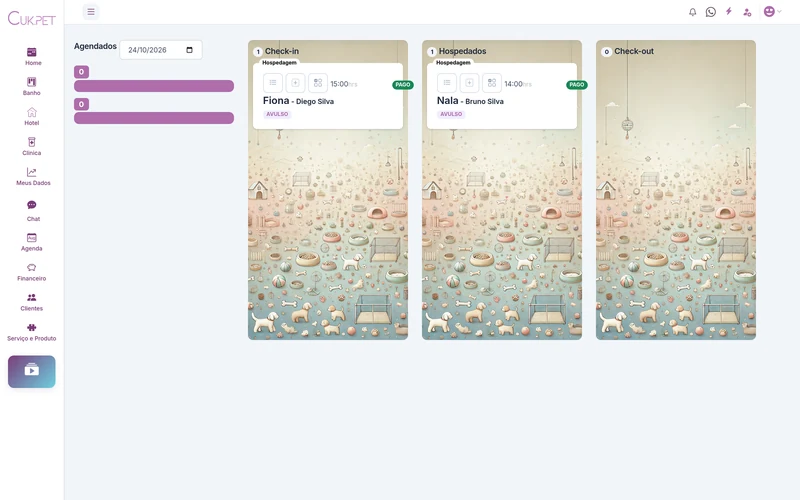 Tela real da CukPet: Hotel e creche, com dados demonstrativos