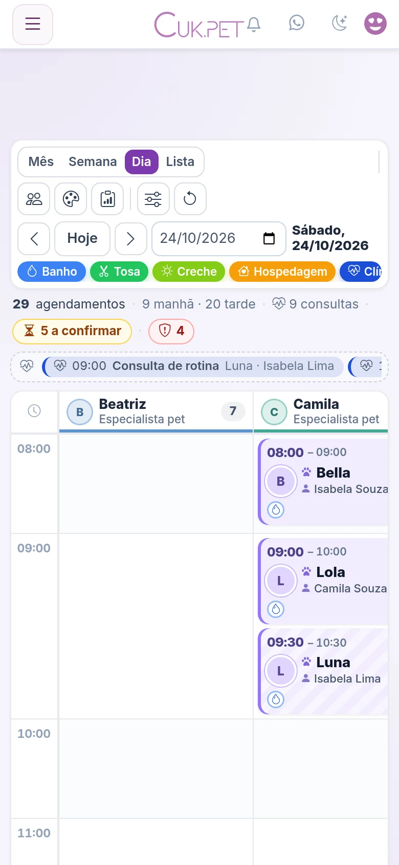 Captura real da agenda CukPet no celular, com dados demonstrativos