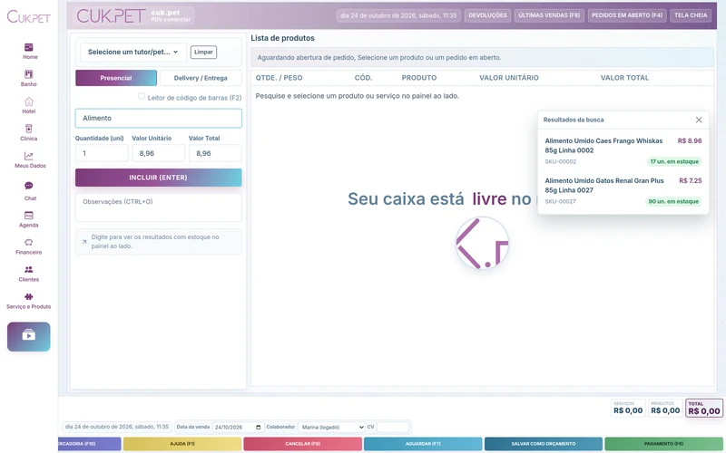 Tela real da CukPet: Frente de caixa, com dados demonstrativos