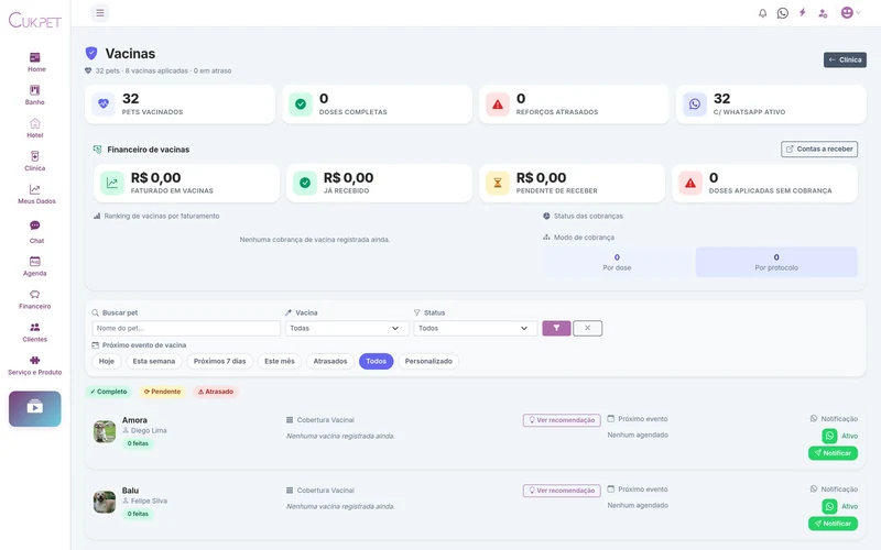 Tela real da CukPet: Vacinas, com dados demonstrativos